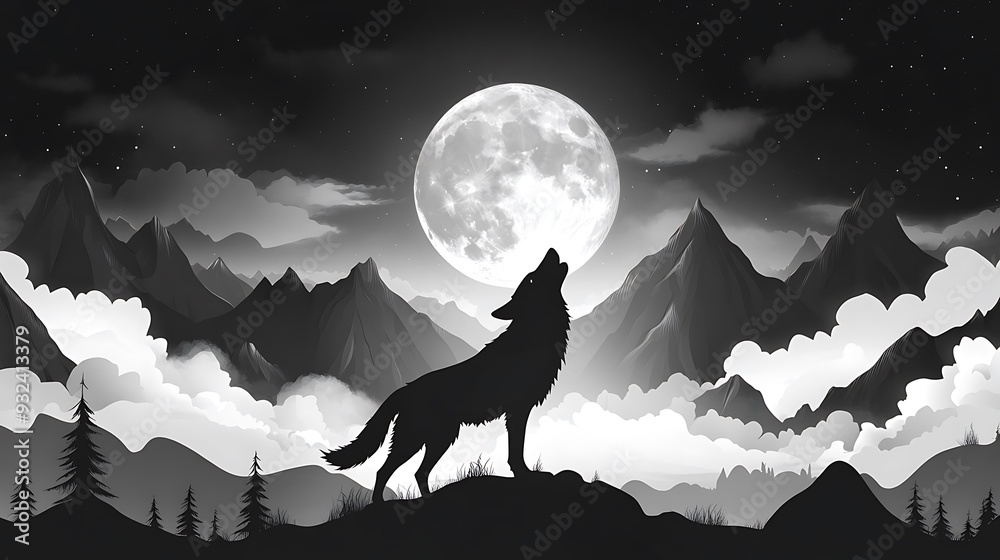 A wolf silhouette howls at the full moon against a backdrop of mountains and clouds in the night sky. A wolf silhouette howls at the full moon against a backdrop of mountains and clouds in the night sky.