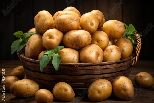 Lateral view of the basket full of whole potatoes on the wood surface and backgr, generative IA photo