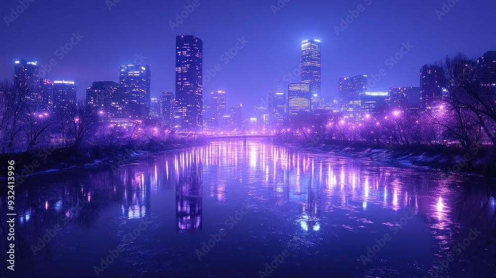 Fototapeta premium Cityscape with River Reflections at Night