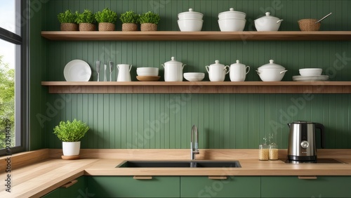 Green wall paneling with wooden shelves in the kitchen space