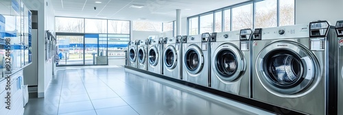 modern laundromat - retail space with washing machines and driers for laundry photo