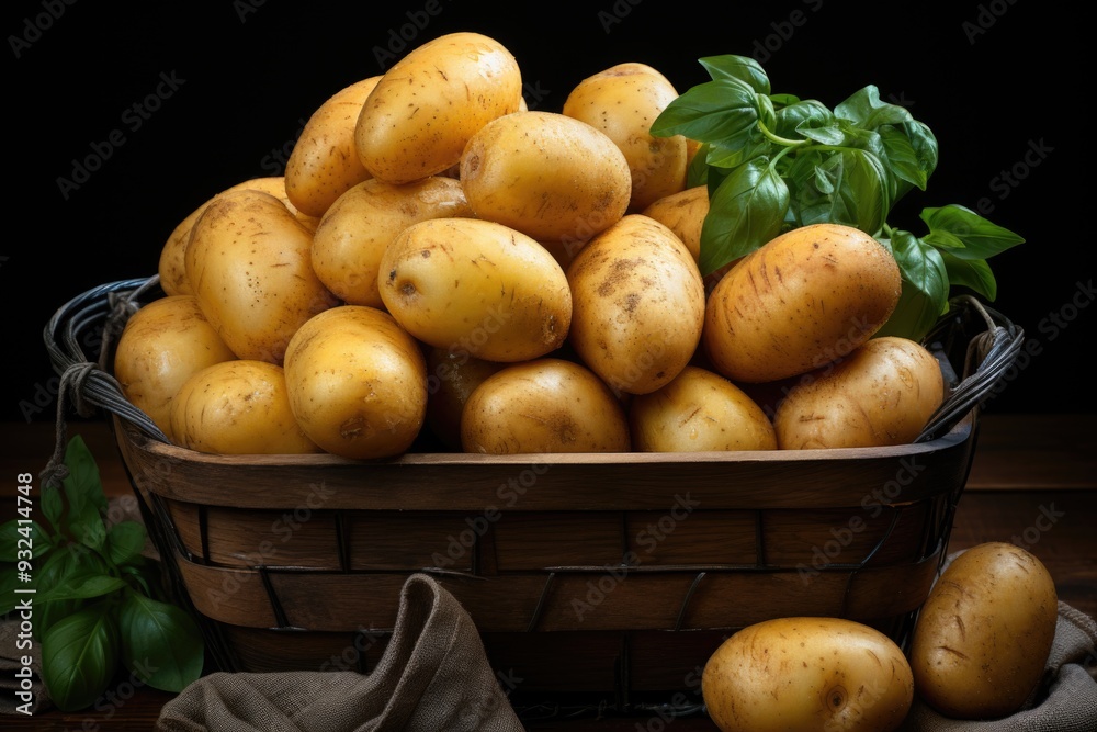 Upper view peeled whole potatoes inside the basket on the dark floor, generative IA Upper view peeled whole potatoes inside the basket on the dark floor, generative IA