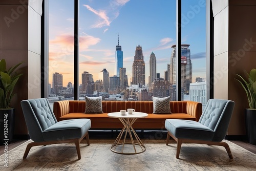 Wallpaper Mural Stylish Coffeehouse Design with Modern Chairs and Table Against Urban Skyline View Torontodigital.ca