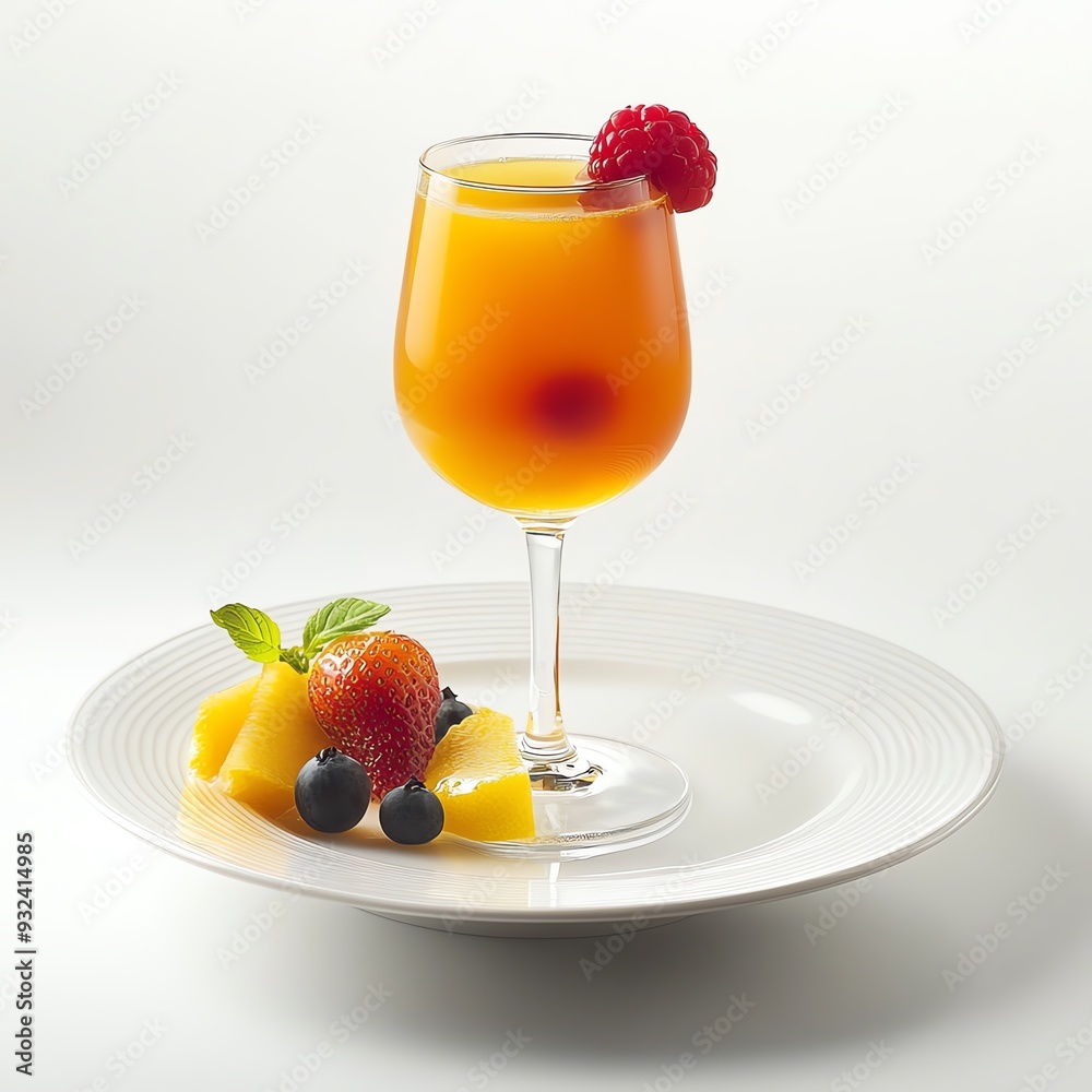 Orange juice cocktail in a stemmed glass with a garnish of orange and mint. Orange juice cocktail in a stemmed glass with a garnish of orange and mint.