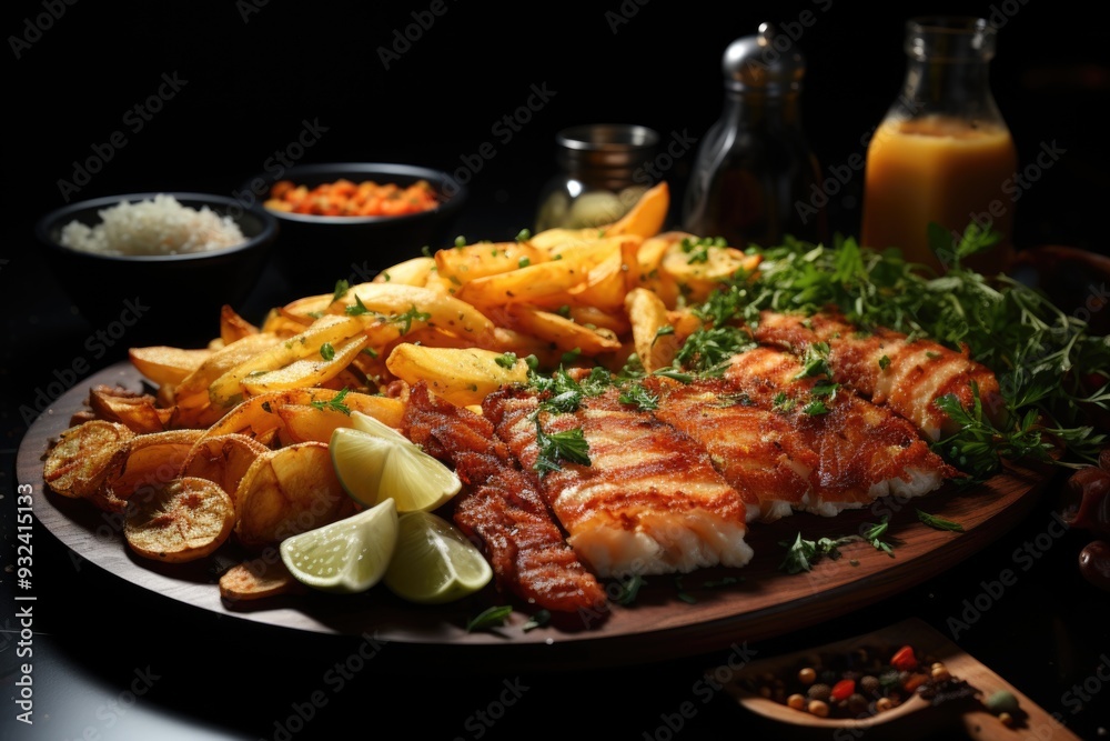 Wiener Schnitzel with chips on the surface of black slate, generative IA Wiener Schnitzel with chips on the surface of black slate, generative IA