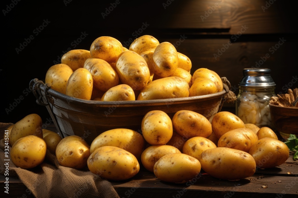 Top view, peeled potatoes on the brown wooden table in the gray, generative IA Top view, peeled potatoes on the brown wooden table in the gray, generative IA