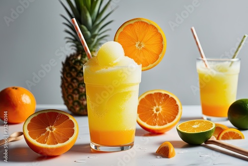 Vibrant Citrus Ice Slushy Refreshing Summer Drink in a Modern Studio Environment