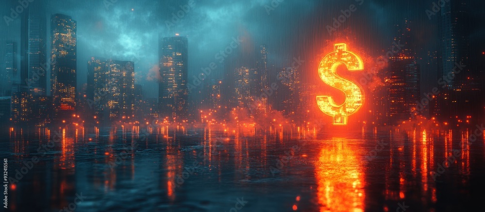 Flaming Dollar Sign in a Cityscape