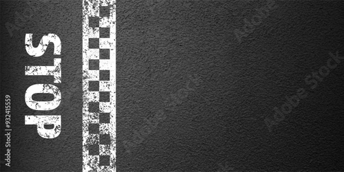 Asphalt road with stop lane marking, concrete highway surface, texture. Street traffic line, road dividing strip. Pattern with grainy structure, grunge stone background. Vector illustration