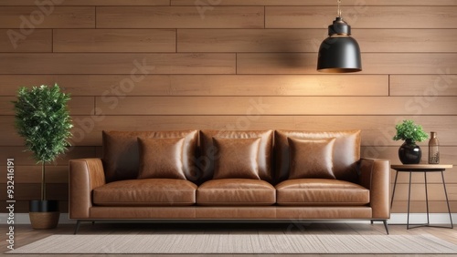 interior living room wall mockup with leather sofa and decor on wooden wall background photo