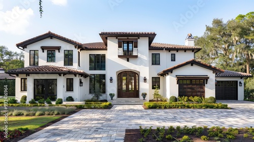 A white two-story house with a tiled roof, a large driveway, a front lawn with flowers, and a balcony above the front door.