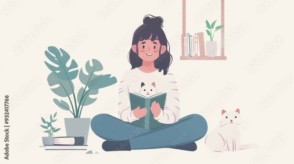 A girl is sitting on the floor reading a book while a cat sits next to her A girl is sitting on the floor reading a book while a cat sits next to her