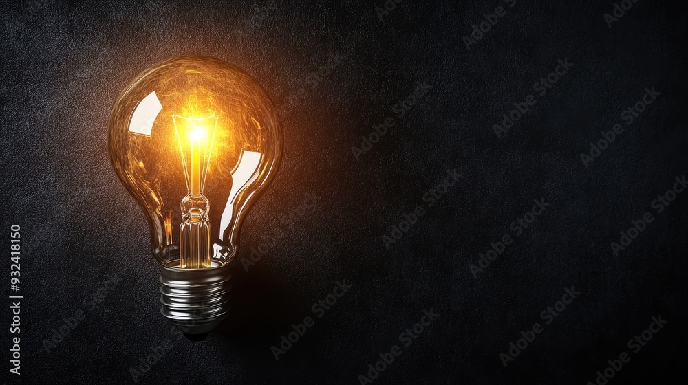 An illuminated incandescent light bulb on a dark black wall background, symbolizing creativity and energy. The simplicity of the scene focuses attention on the glowing bulb and its warm light. An illuminated incandescent light bulb on a dark black wall background, symbolizing creativity and energy. The simplicity of the scene focuses attention on the glowing bulb and its warm light.