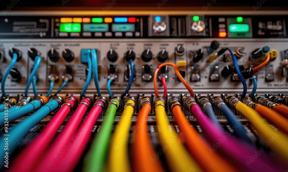 Close-Up of a Modular Synth Panel with Detailed Knobs, Dials, and Cables Close-Up of a Modular Synth Panel with Detailed Knobs, Dials, and Cables