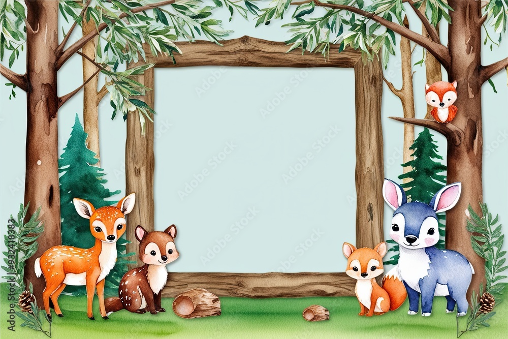 Fototapeta premium Watercolor Woodland Animal Art Frame for Kids Gatherings Invitations and Decor