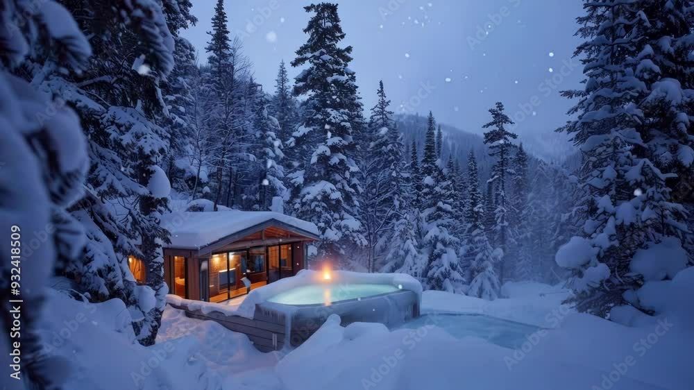 Inviting outdoor spa is nestled in a snowy forest, next to a modern cabin with large windows, offering a luxurious winter getaway Inviting outdoor spa is nestled in a snowy forest, next to a modern cabin with large windows, offering a luxurious winter getaway