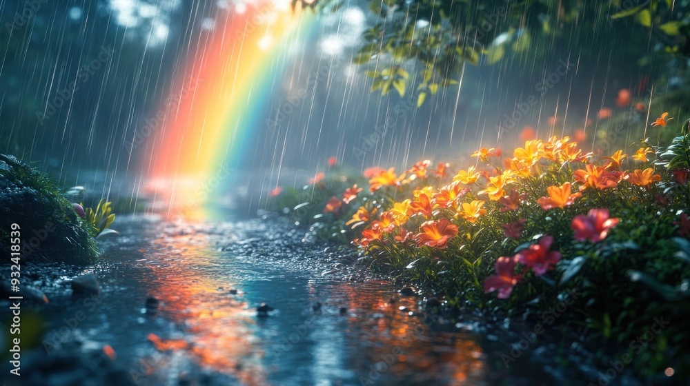 Fototapeta premium Rainbow After the Rain in a Lush Forest