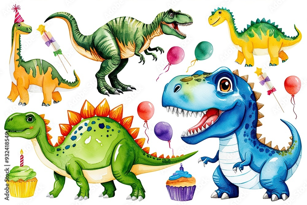 Naklejka premium Enchanting Watercolor Dino Illustrations: Fun Characters for Kid's Birthday Celebrations and Baby Showers