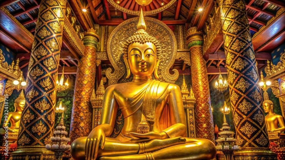 Majestic golden Buddha statue with intricate carvings and ornate decorations sits serenely at Wat Phra Sing temple in Chiang Mai, Thailand's cultural hub. Majestic golden Buddha statue with intricate carvings and ornate decorations sits serenely at Wat Phra Sing temple in Chiang Mai, Thailand's cultural hub.