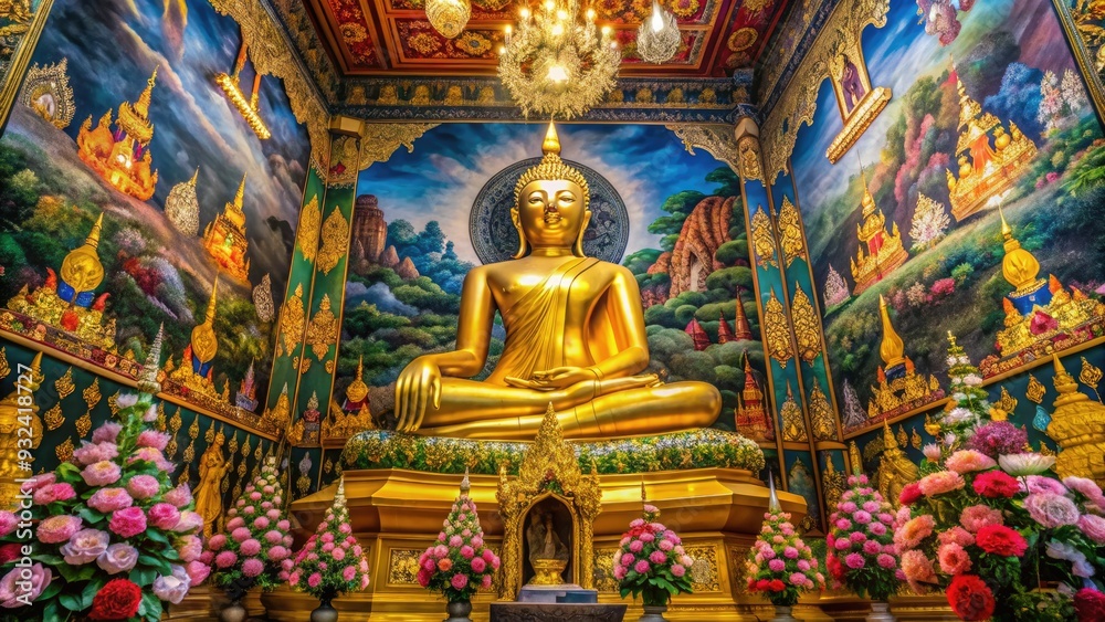 Majestic golden Buddha statue sits serenely inside ornate Wat Phra Kaew temple, surrounded by intricate murals and vibrant flowers in Bangkok, Thailand. Majestic golden Buddha statue sits serenely inside ornate Wat Phra Kaew temple, surrounded by intricate murals and vibrant flowers in Bangkok, Thailand.