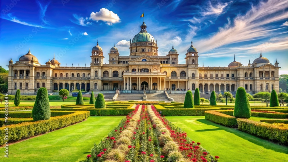 Fototapeta premium Majestic government house with grandiose architecture, lush green gardens, and a grand entrance, symbolizing power and authority, set against a clear blue sky.