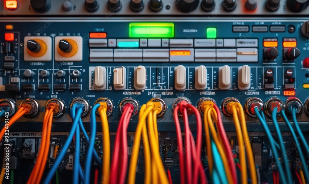 Close-Up of a Modular Synth Panel with Detailed Knobs, Dials, and Cables Close-Up of a Modular Synth Panel with Detailed Knobs, Dials, and Cables