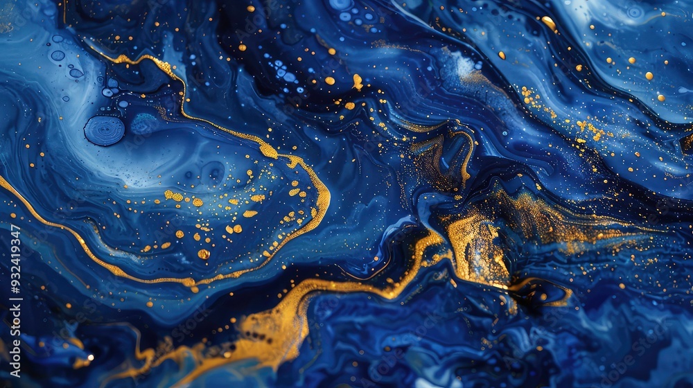 Abstract background with blue, white, and gold liquid swirls and speckles. Abstract background with blue, white, and gold liquid swirls and speckles.