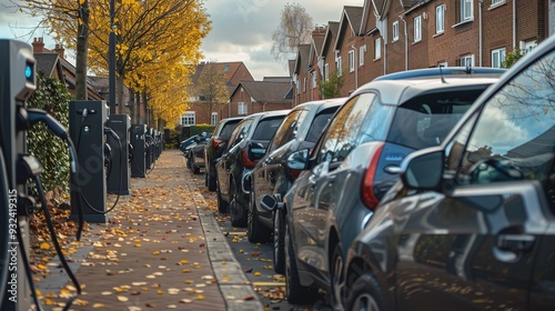 A street lined with parked electric vehicles and autumn leaves.