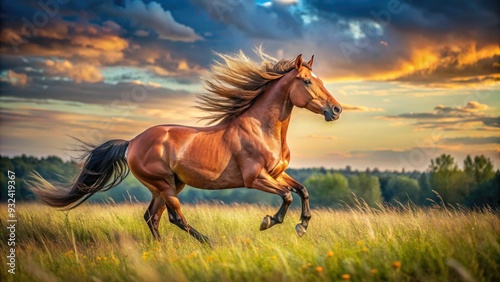 Majestic horse gallops freely in a serene open field on a sunny day, its shiny coat and flowing mane capturing the essence of wild freedom.