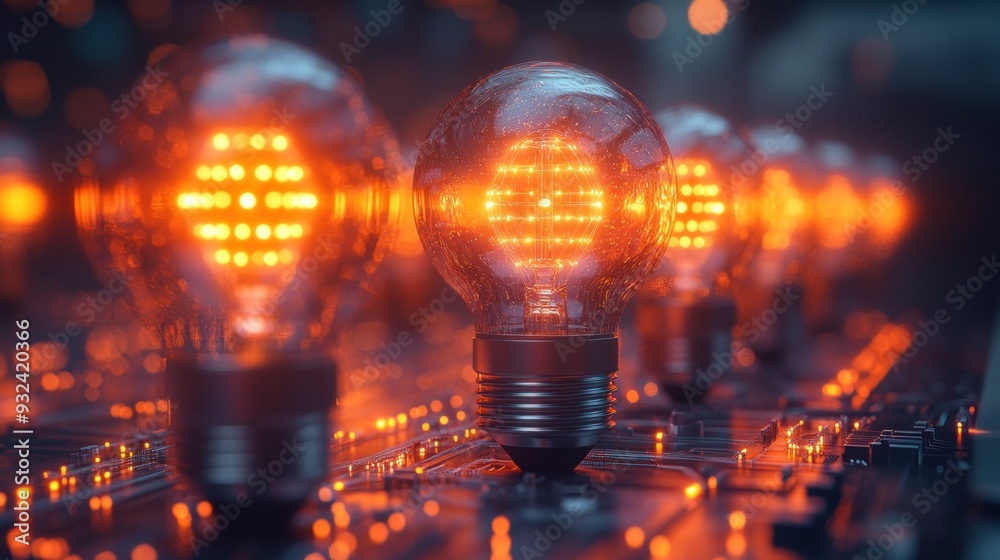 Glowing Light Bulbs on Circuit Board Glowing Light Bulbs on Circuit Board