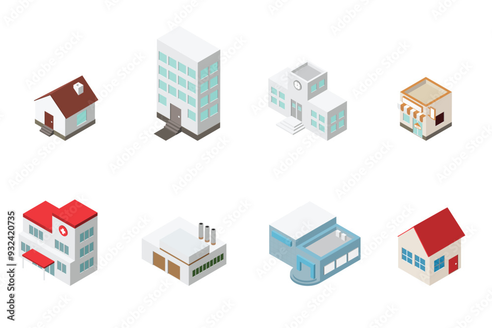 isometric building illustration element set isometric building illustration element set