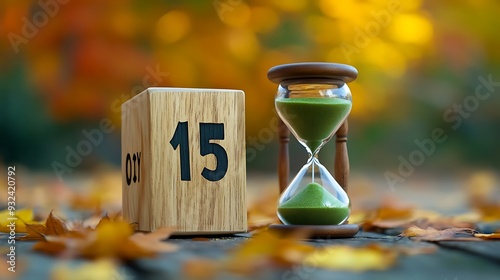 A wooden block calendar showing the 15th of the month, with a sand timer in the background, resting on autumn leaves. photo