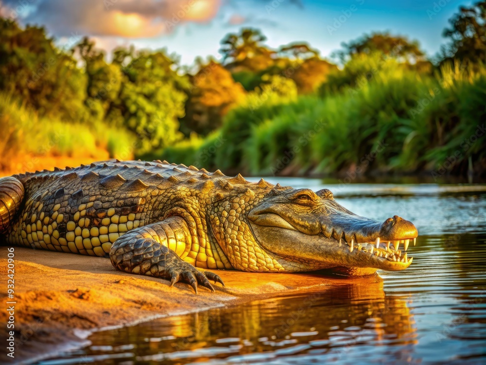 Obraz premium Majestic Nile crocodile sprawls on sunny riverbank, its scaly skin glistening in warm light, surrounded by lush greenery in Kruger National Park, South Africa.