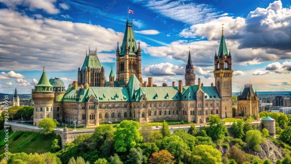 Fototapeta premium Majestic neoclassical architecture of Canada's Parliament Building in Ottawa, with copper rooftops, clock tower, and lush greenery, set against a serene blue sky.