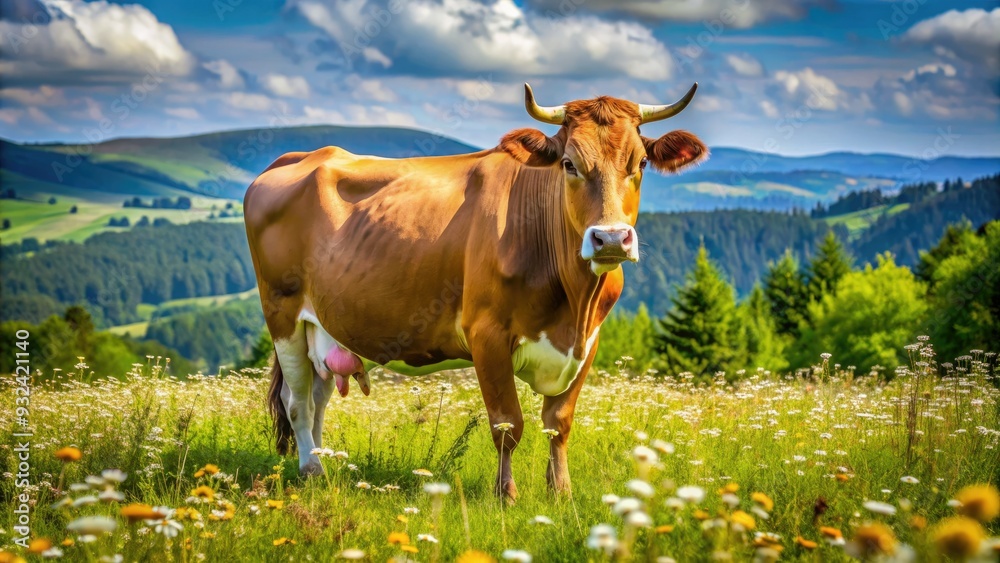 Majestic pregnant cow with prominent belly and gentle eyes grazes peacefully in a serene green meadow surrounded by lush wildflowers on a sunny day. Majestic pregnant cow with prominent belly and gentle eyes grazes peacefully in a serene green meadow surrounded by lush wildflowers on a sunny day.