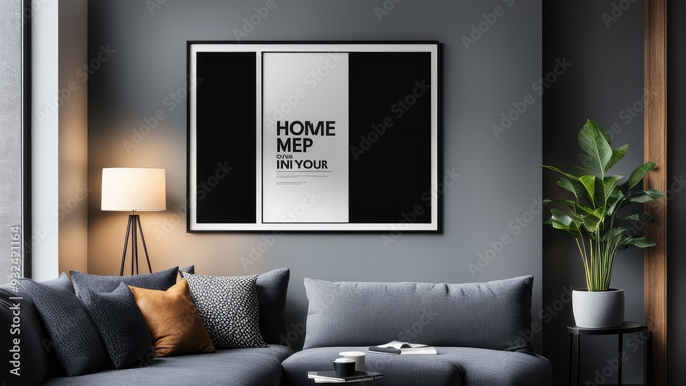 interior poster mockup with vertical black frame on home interior background interior poster mockup with vertical black frame on home interior background