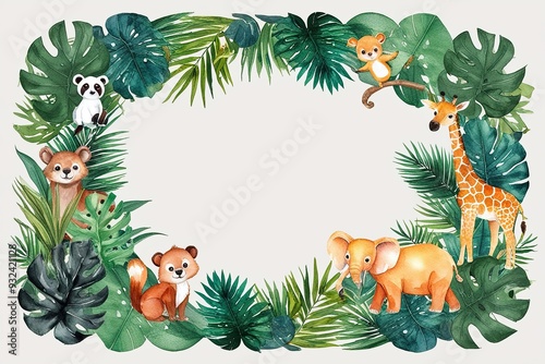 Tropical African Plants and Adorable Animals Watercolor Background Frame photo