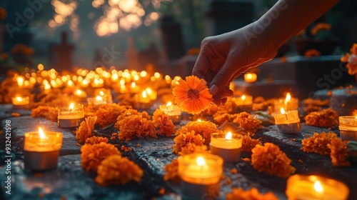 Candles and Flowers in a Cemetery