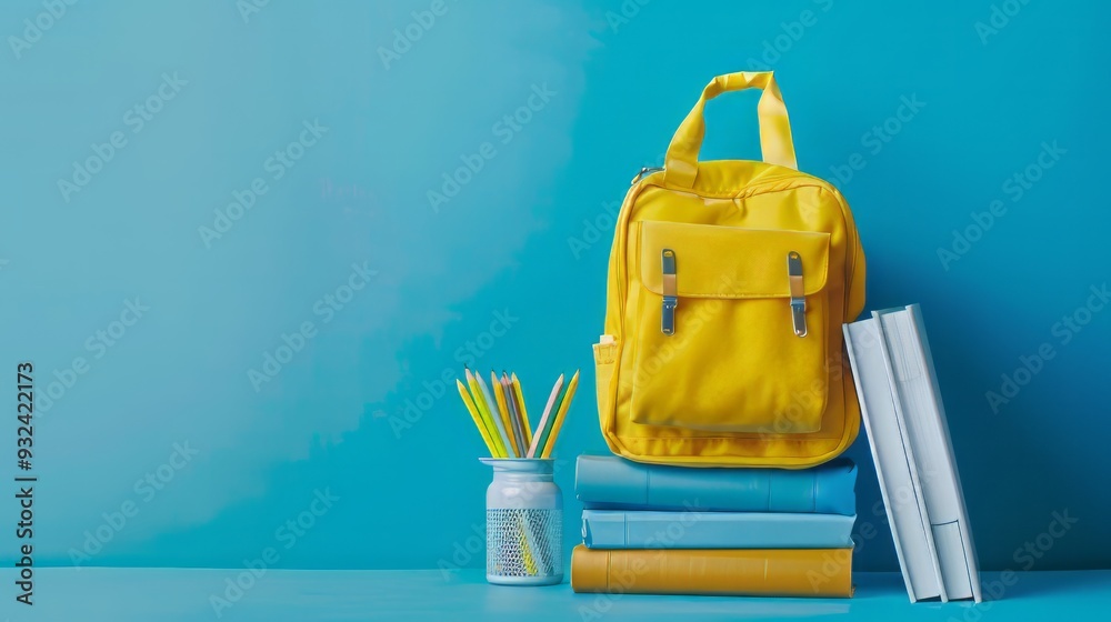 Back to school. Yellow backpack with books and school stuff on blue background