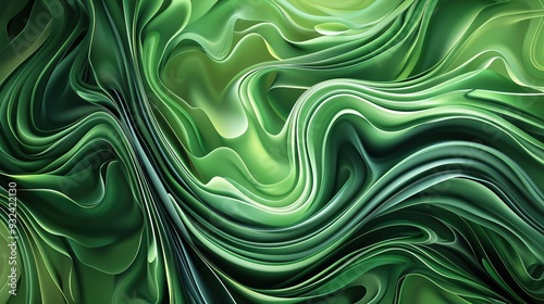 A vibrant abstract design featuring flowing green shapes and textures.