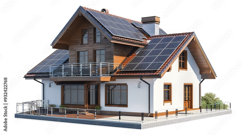 A modern house with solar panels and a balcony, showcasing eco-friendly architecture. A modern house with solar panels and a balcony, showcasing eco-friendly architecture.