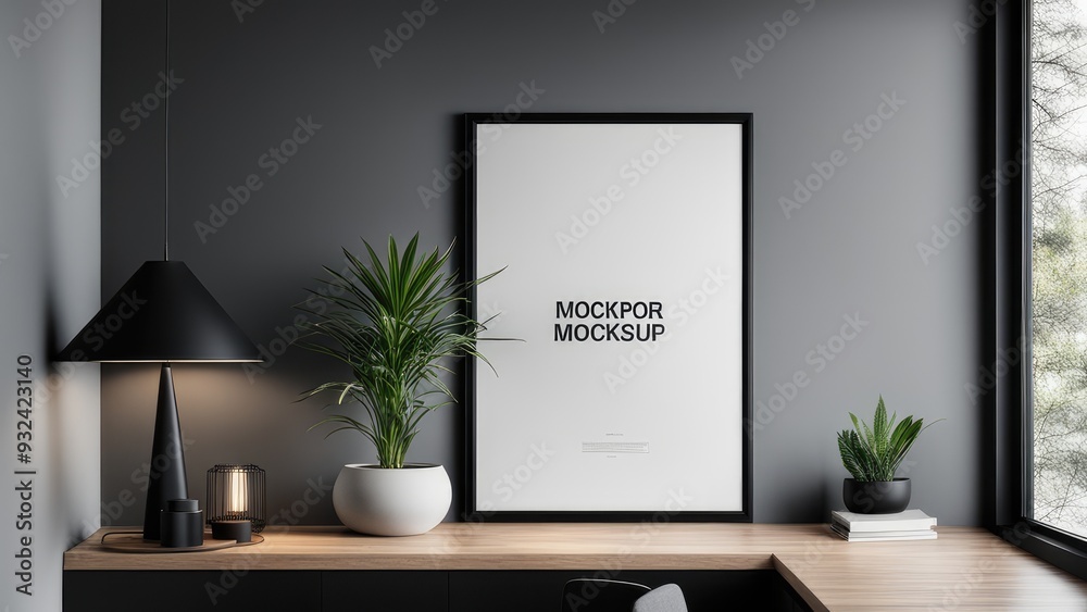 interior poster mockup with vertical black frame on home interior background interior poster mockup with vertical black frame on home interior background