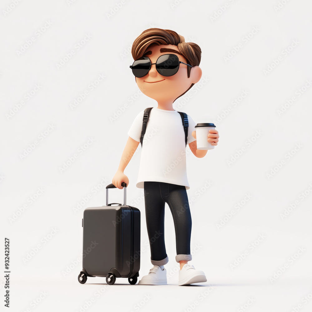 a man wearing a T-shirt and sunglasses, walking with a suitcase, and holding a coffee cup