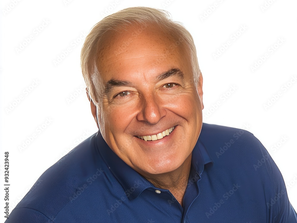 A cheerful man smiles warmly against a bright background A cheerful man smiles warmly against a bright background