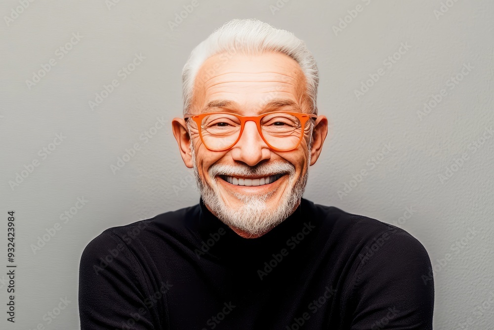 Joyful elderly man smiles warmly in a modern, minimalist setting with a gray background Joyful elderly man smiles warmly in a modern, minimalist setting with a gray background