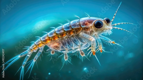 Microscopic view of a crustacean larva, a tiny translucent zooplankton, with feathery appendages and large black eyes, suspended in a clear blue aquatic environment. photo