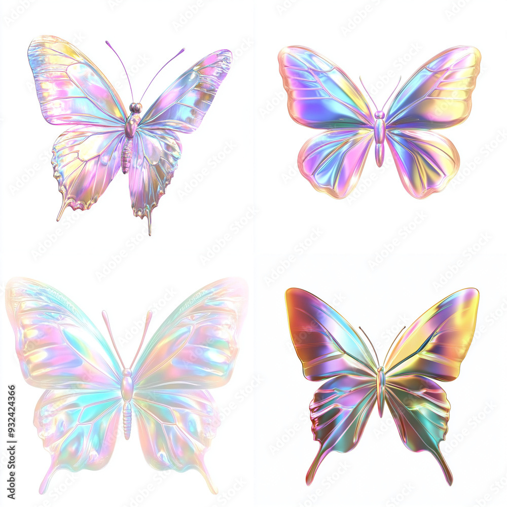 metallic chrome Y2K butterflies set on white background metallic chrome Y2K butterflies set on white background
