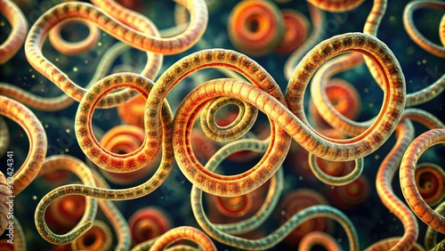 Microscopic view of Trichinella spiralis parasites, a type of roundworm, coiled and entwined, causing trichinosis, a foodborne illness from consuming infected meat.