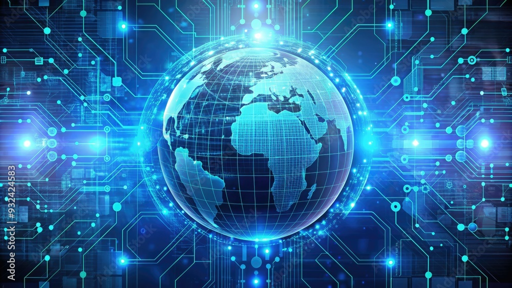 Minimalist blue grid wireframe of virtual globe, surrounded by coding symbols and circuit boards, representing internet infrastructure and digital connectivity. Minimalist blue grid wireframe of virtual globe, surrounded by coding symbols and circuit boards, representing internet infrastructure and digital connectivity.