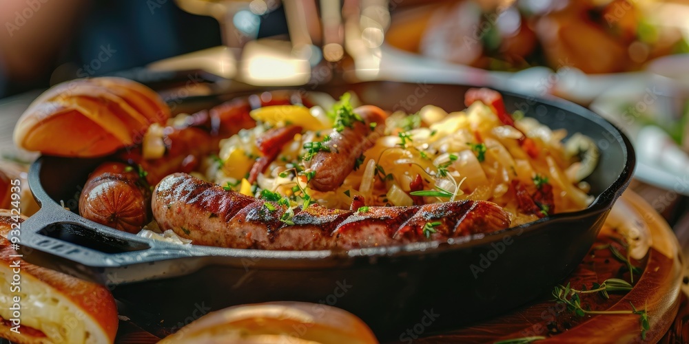 Austrian Dinner with Wurstel Wiener Sausage and Sauerkraut in Cast Iron Pan with Bread Buns